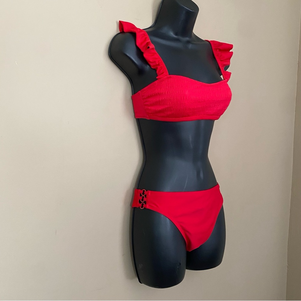 Solid Red Textured Ruffle Strap Bikini - Picture 2 of 9